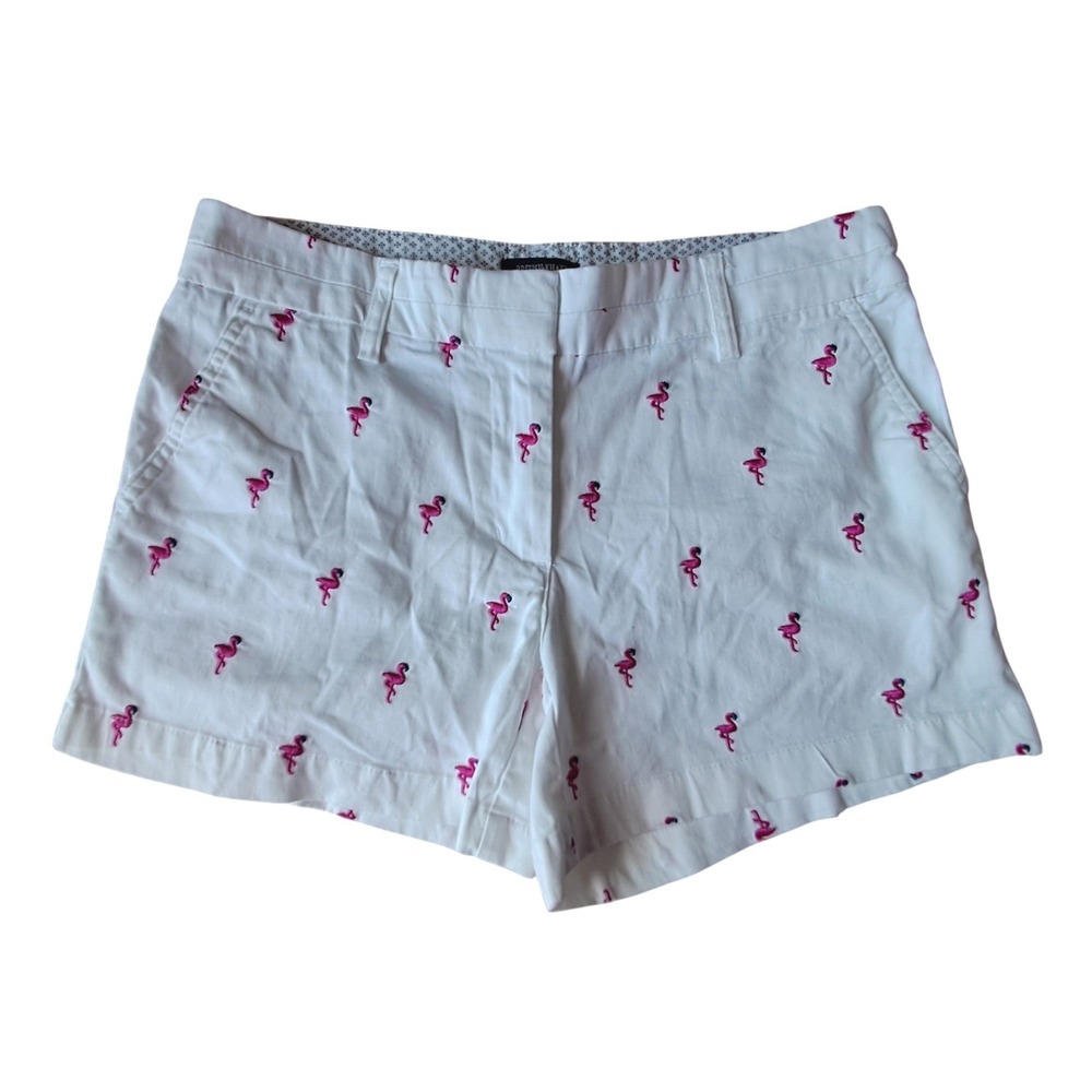 British Khaki Women White Flamingo Shorts Embroidered US Size 6 Cotton Spandex - Picture 1 of 7